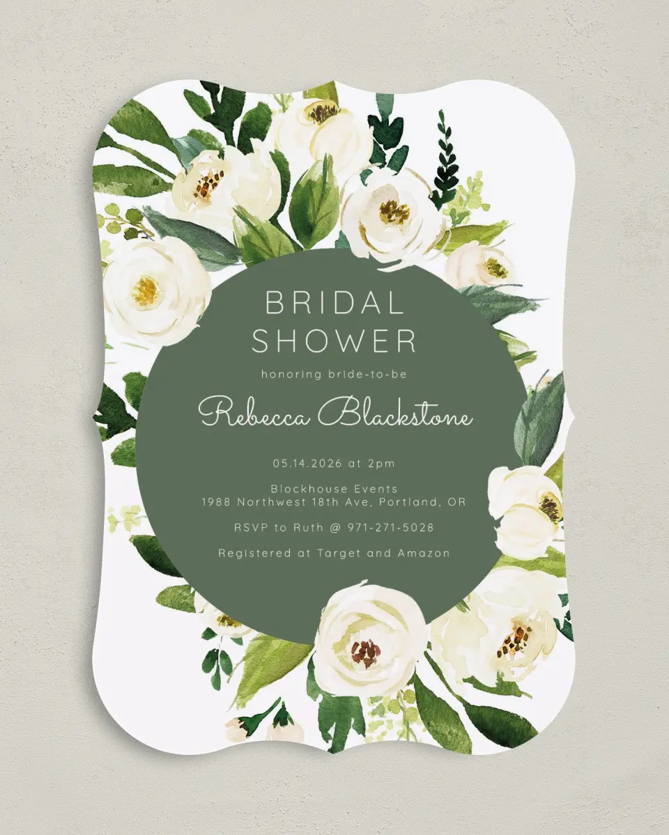 This is a 5" x 7" Bridal Shower Invitation called Bridal Blooms printed in full color on Premium Smooth paper