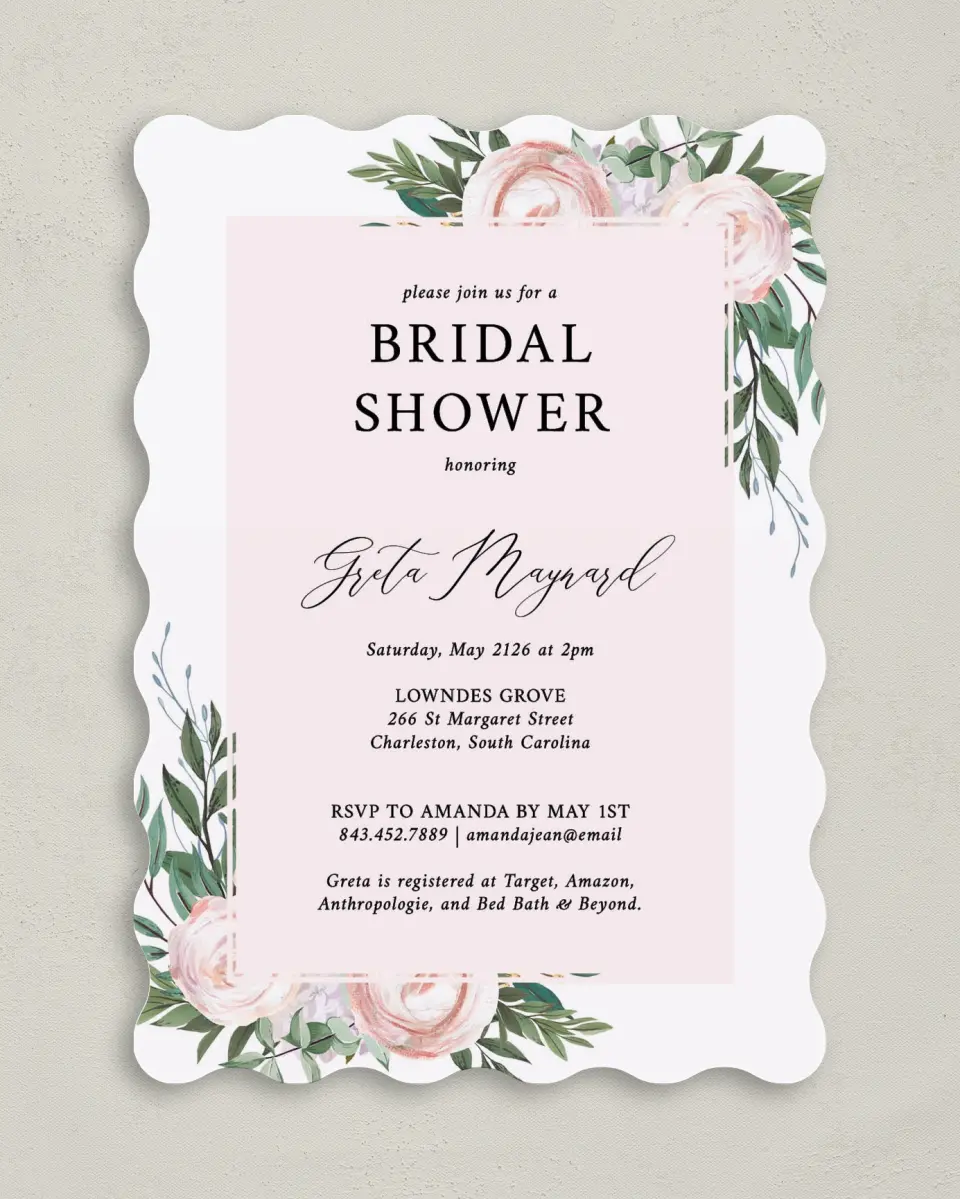 This is a 5" x 7" Bridal Shower Invitation called Gouache Roses printed in full color with Rose Gold foil on Luxe Satin (coated) paper