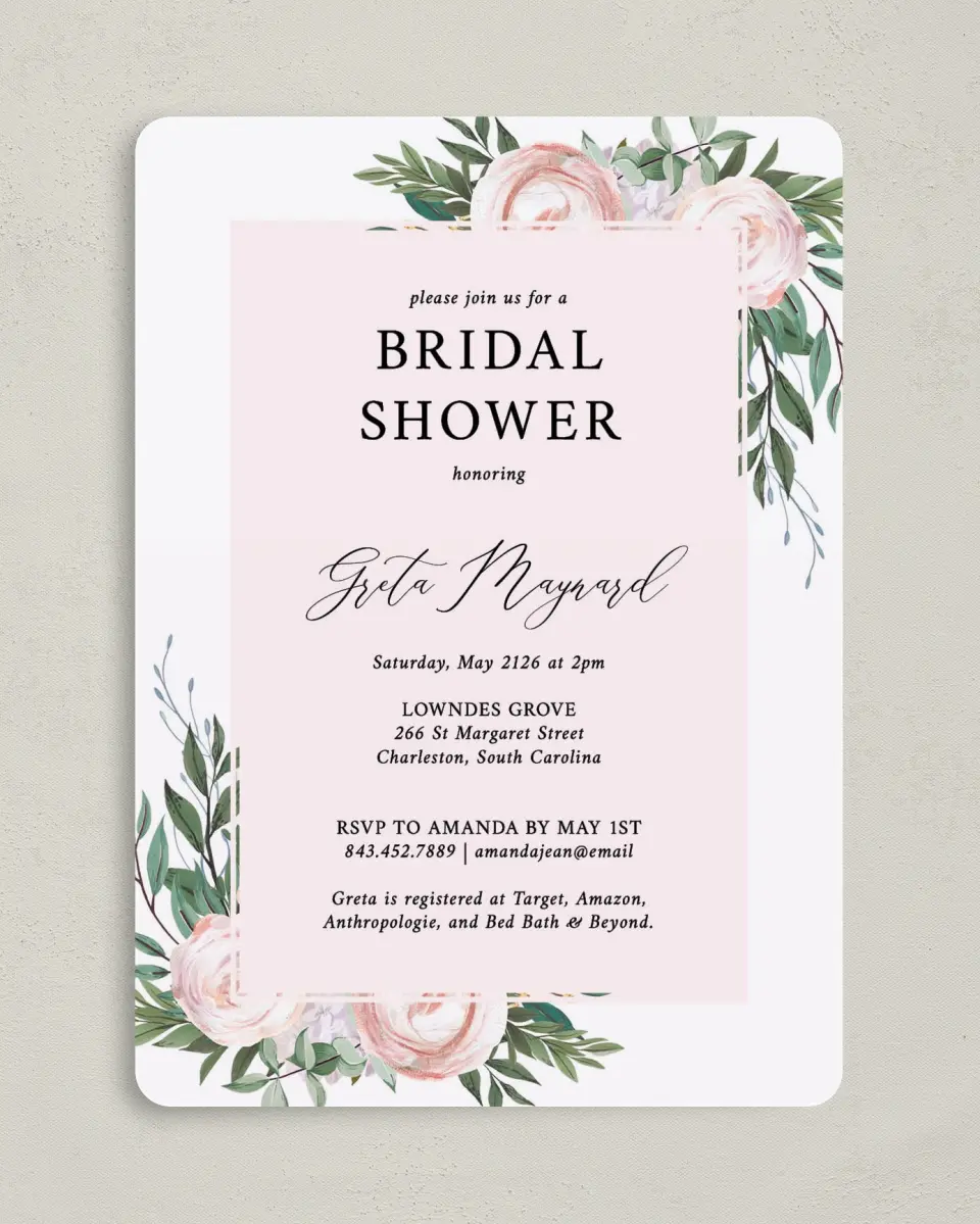 This is a 5" x 7" Bridal Shower Invitation called Gouache Roses printed in full color with Rose Gold foil on Luxe Satin (coated) paper