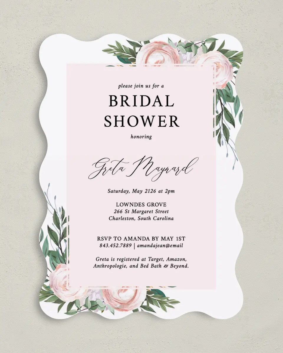 This is a 5" x 7" Bridal Shower Invitation called Gouache Roses printed in full color on Premium Smooth paper