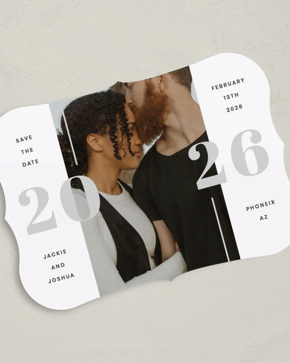 This is a 5" x 7" Save the Date Card called Expansive Love printed in full color on Premium Smooth paper