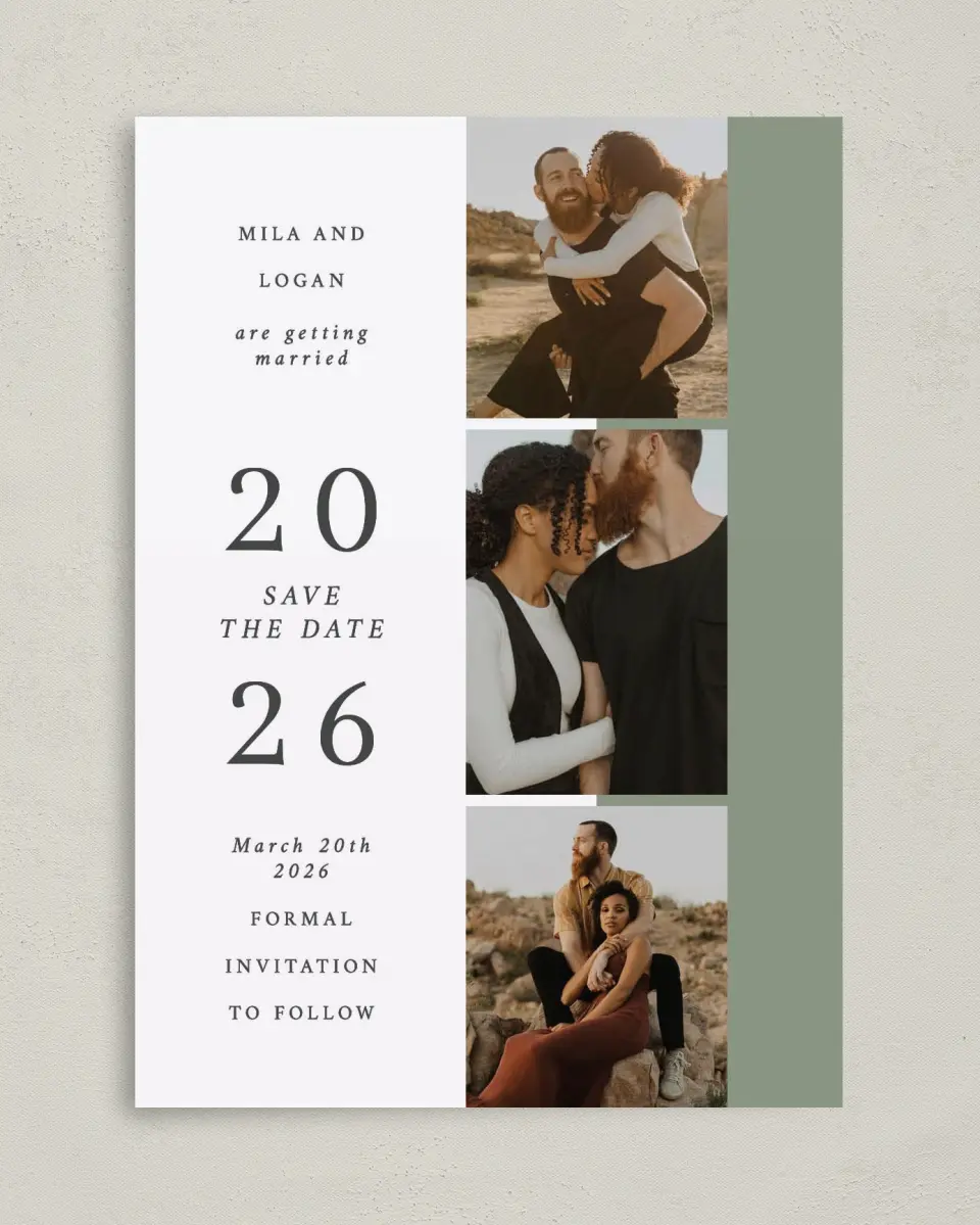 This is a 5" x 7" Save the Date Card called Stacked Hearts printed in full color on Premium Smooth paper