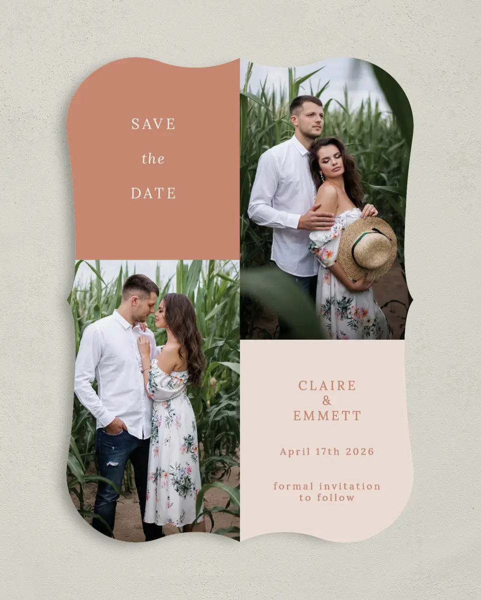 This is a 5" x 7" Save the Date Card called Quaint Quad printed in full color on Premium Smooth paper
