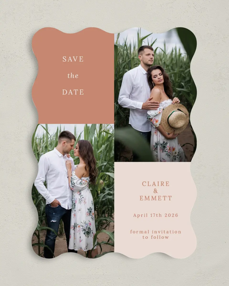 This is a 5" x 7" Save the Date Card called Quaint Quad printed in full color on Premium Smooth paper