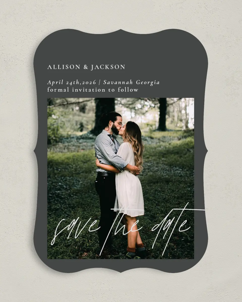 This is a 5" x 7" Save the Date Card called Lovely Occasion printed in full color on Premium Smooth paper