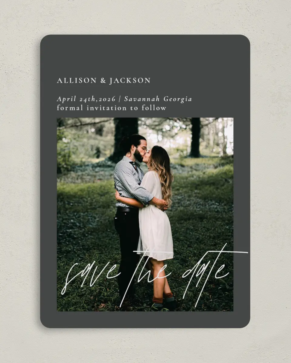 This is a 5" x 7" Save the Date Card called Featured Beloved printed in full color on Premium Smooth paper