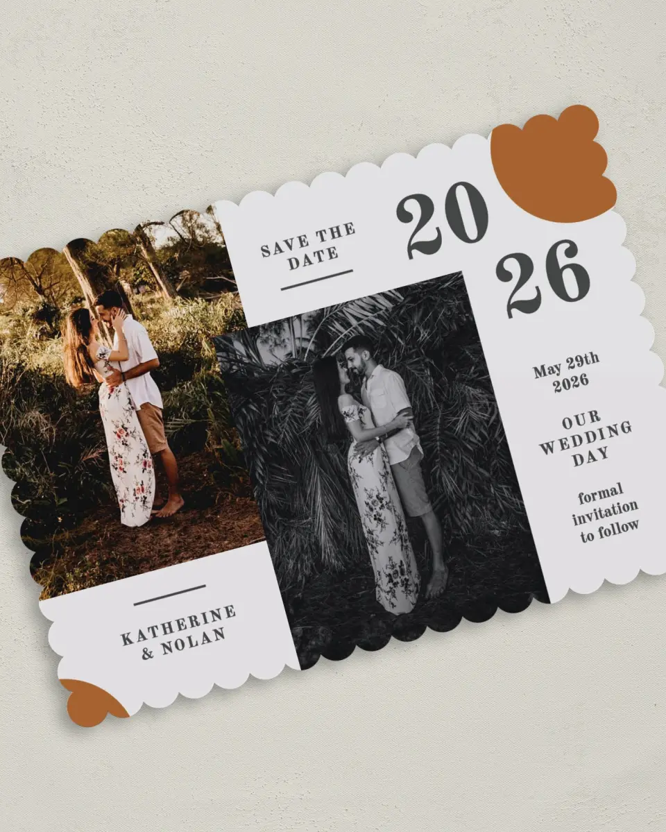 This is a 5" x 7" Save the Date Card called Glory Day printed in full color on Premium Smooth paper