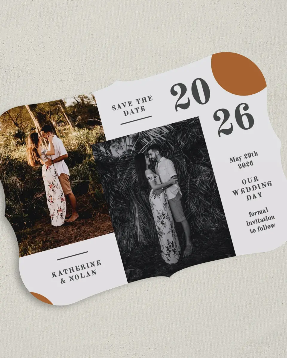 This is a 5" x 7" Save the Date Card called Glory Day printed in full color on Premium Smooth paper