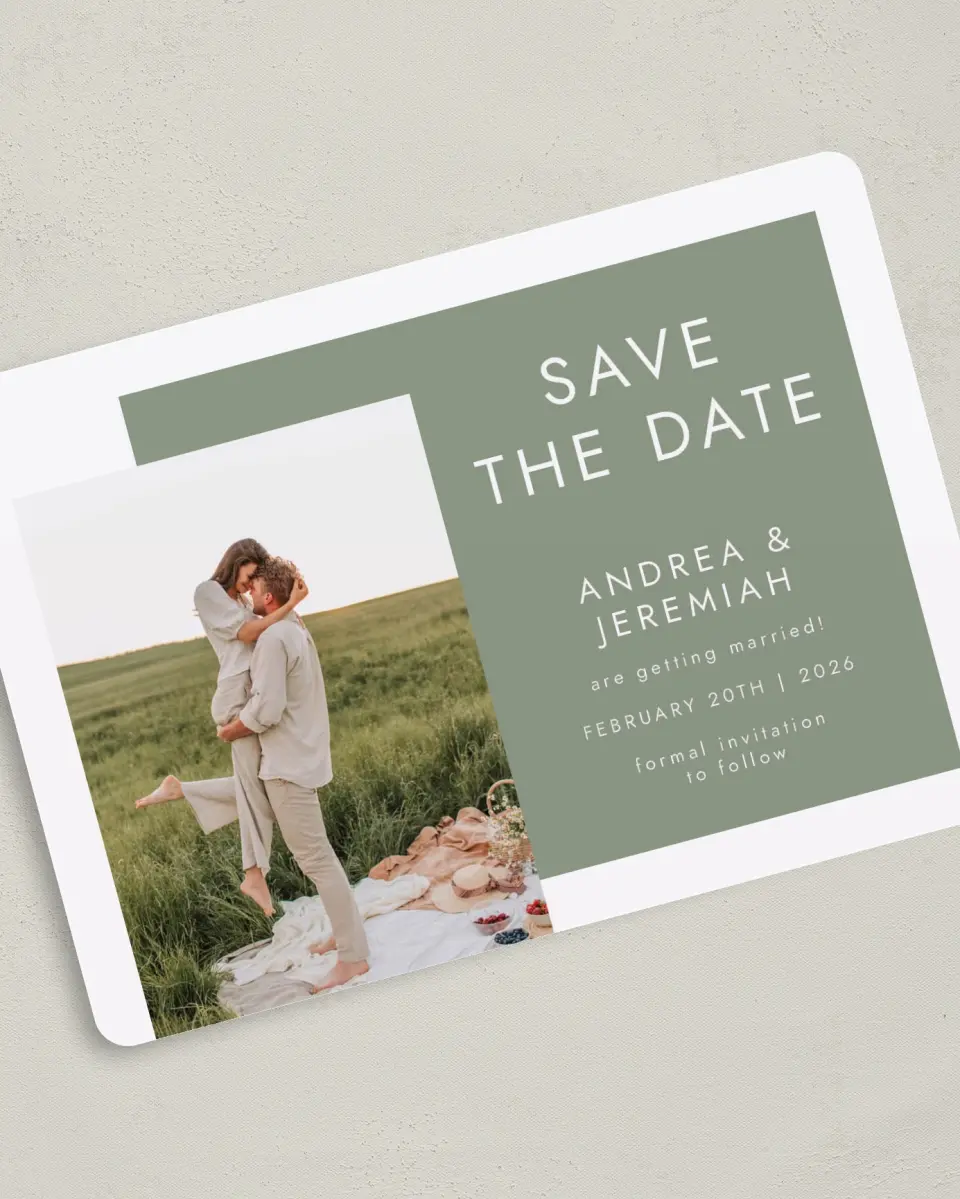 This is a 5" x 7" Save the Date Card called Boxed Beau printed in full color on Premium Smooth paper