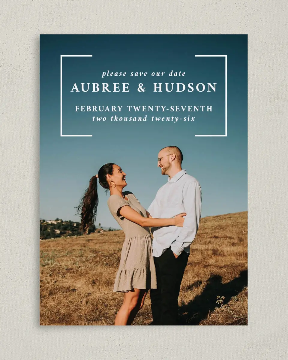 This is a 5" x 7" Save the Date Card called Bright Brace printed in full color on Premium Smooth paper