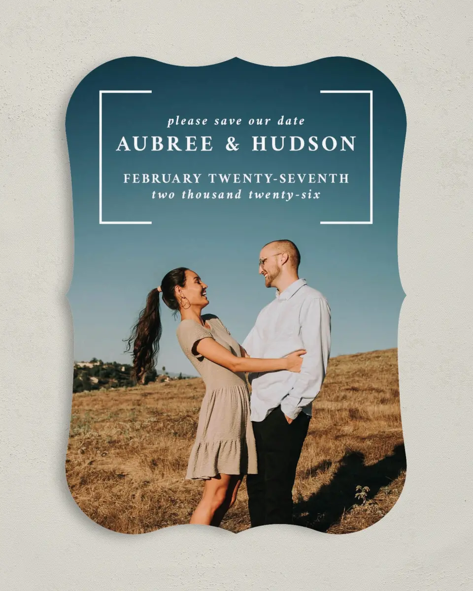 This is a 5" x 7" Save the Date Card called Bright Brace printed in full color on Premium Smooth paper