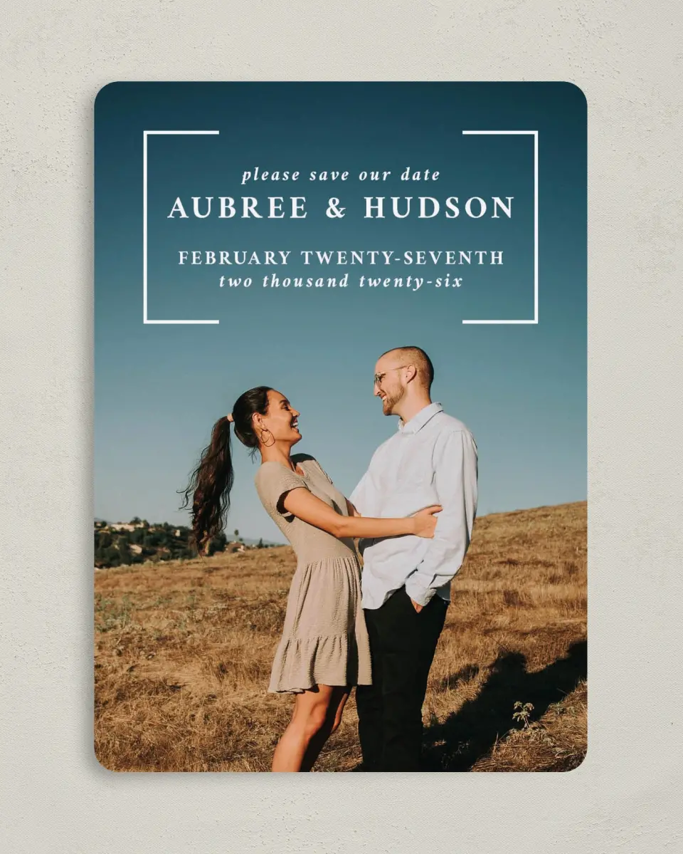 This is a 5" x 7" Save the Date Card called Bright Brace printed in full color on Premium Smooth paper