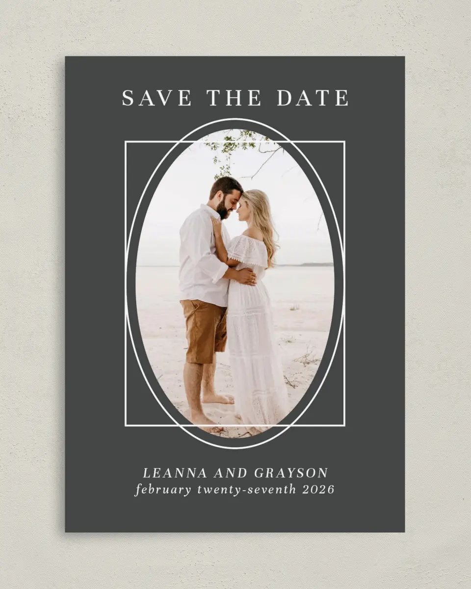 This is a 5" x 7" Save the Date Card called Graphic Enclosure printed in full color on Premium Smooth paper