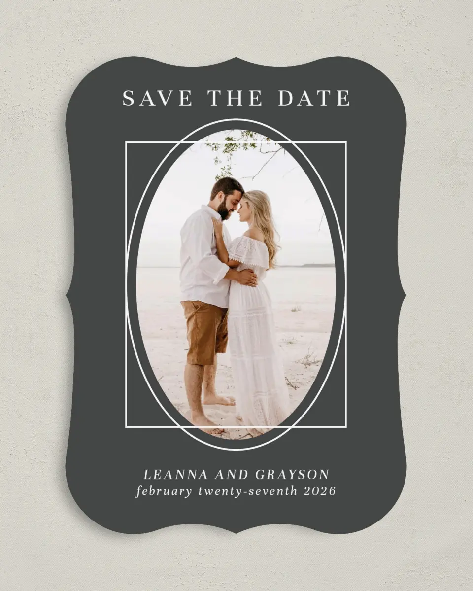 This is a 5" x 7" Save the Date Card called Graphic Enclosure printed in full color on Premium Smooth paper