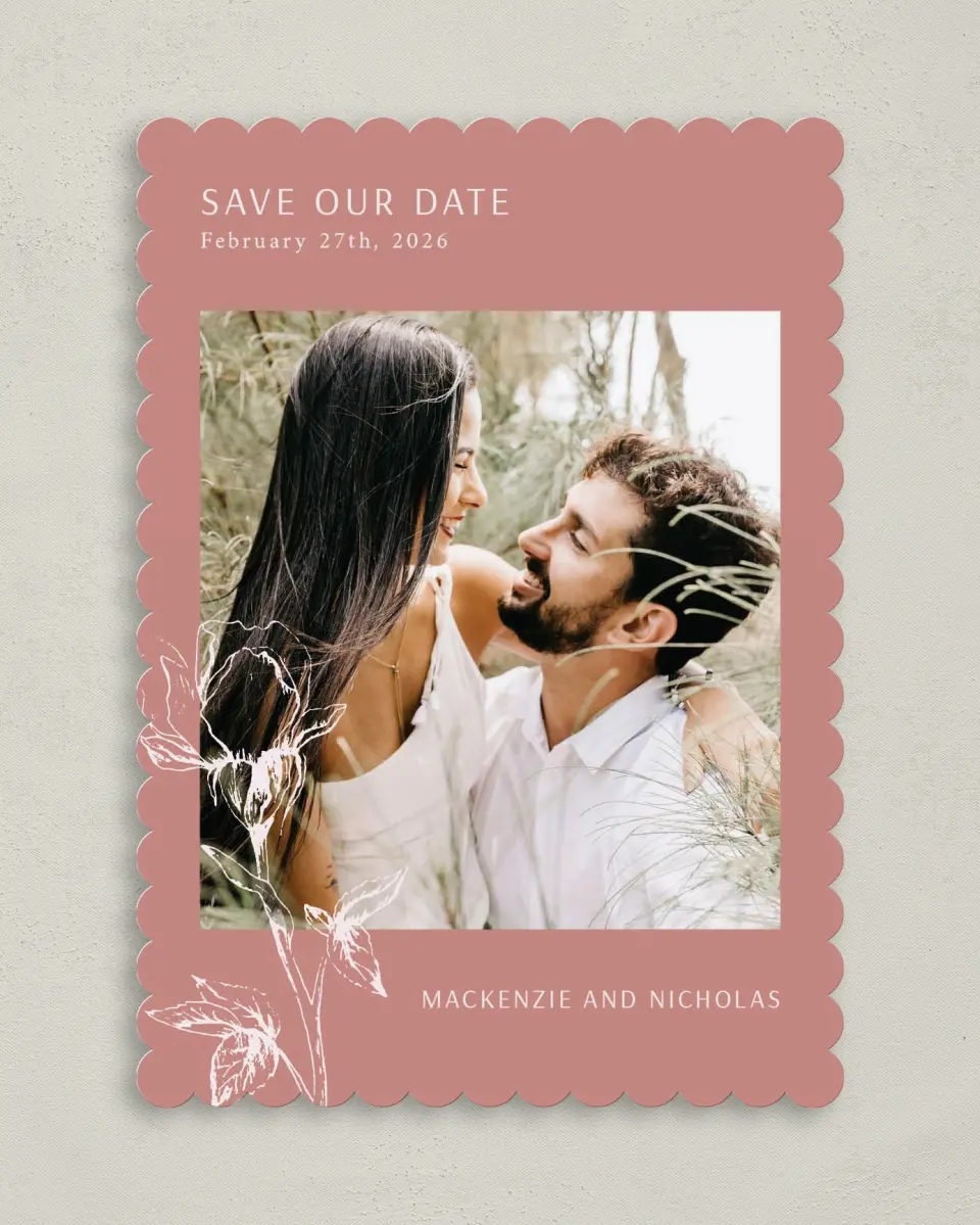 This is a 5" x 7" Save the Date Card called Blooming Bud printed in full color on Premium Smooth paper