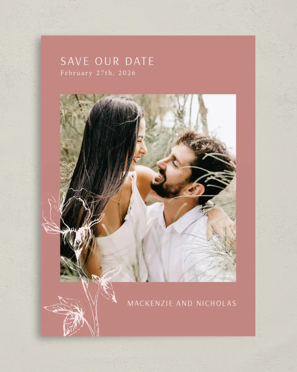 This is a 5" x 7" Save the Date Card called Blooming Bud printed in full color on Premium Smooth paper