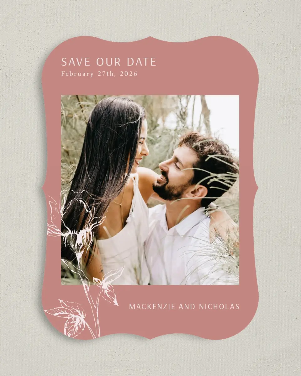This is a 5" x 7" Save the Date Card called Blooming Bud printed in full color on Premium Smooth paper