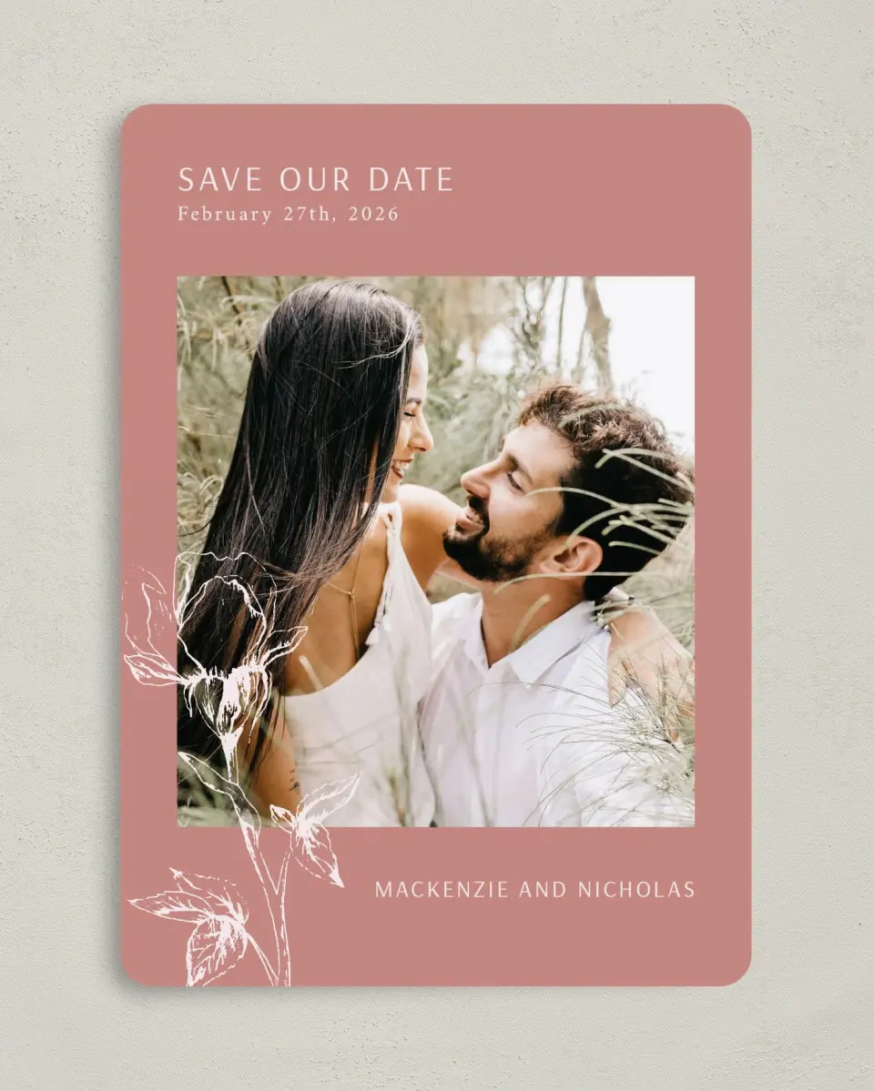 This is a 5" x 7" Save the Date Card called Blooming Bud printed in full color on Premium Smooth paper