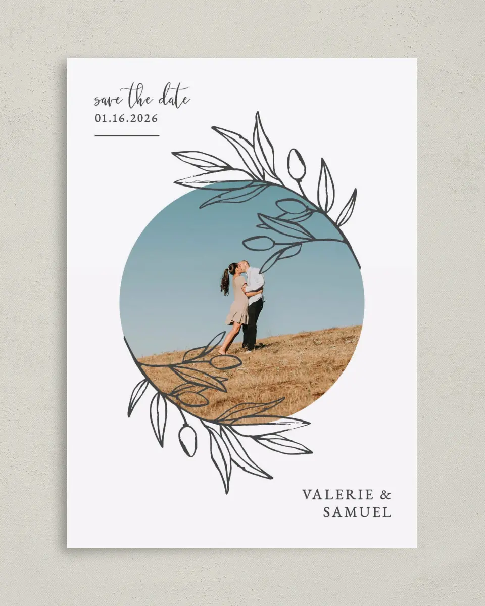 This is a 5" x 7" Save the Date Card called Branch Sketch printed in full color on Premium Smooth paper