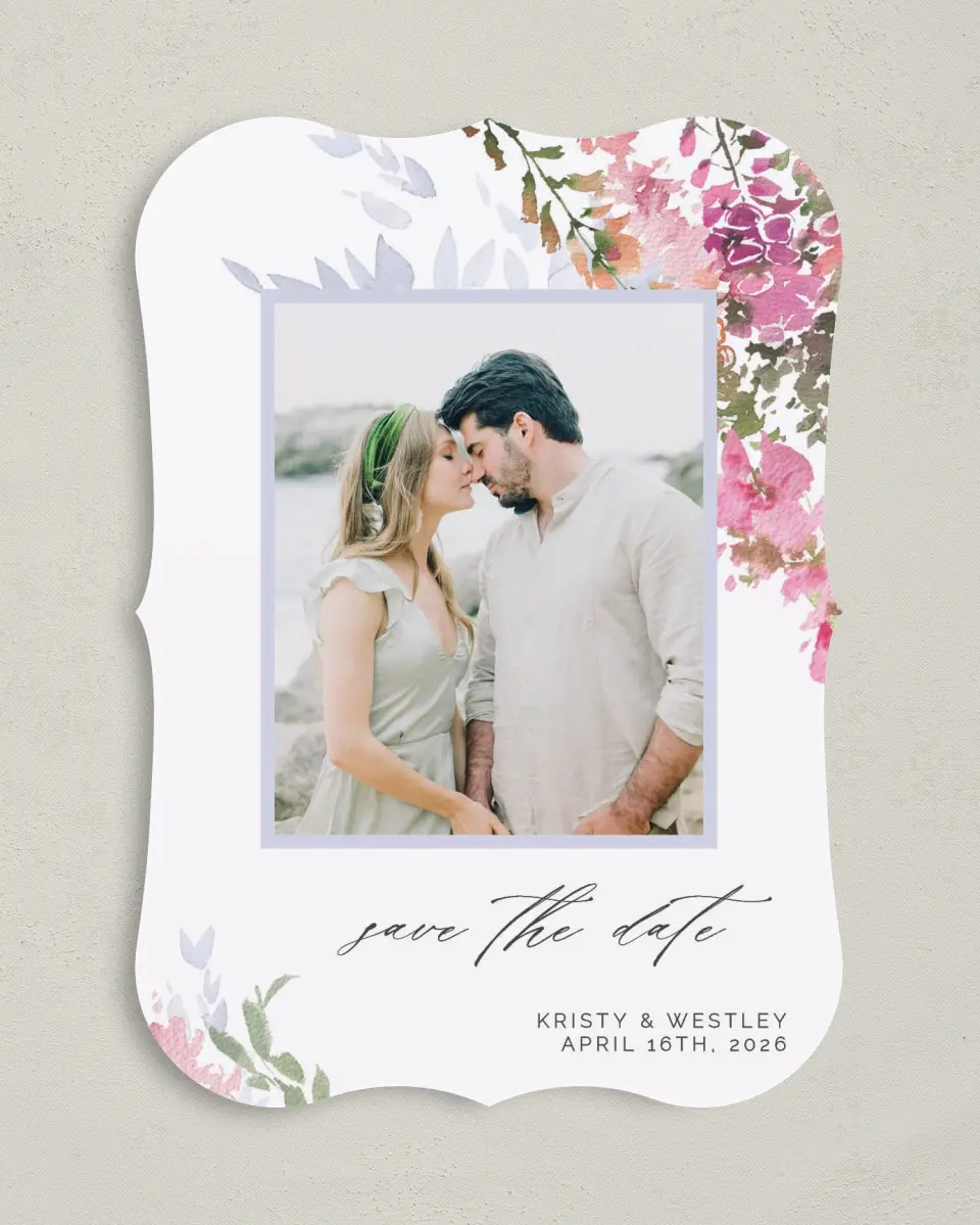 This is a 5" x 7" Save the Date Card called Blushing Bouquet printed in full color on Premium Smooth paper