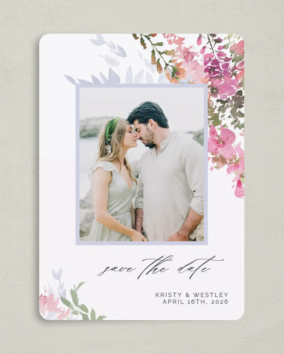 This is a 5" x 7" Save the Date Card called Blushing Bouquet printed in full color on Premium Smooth paper