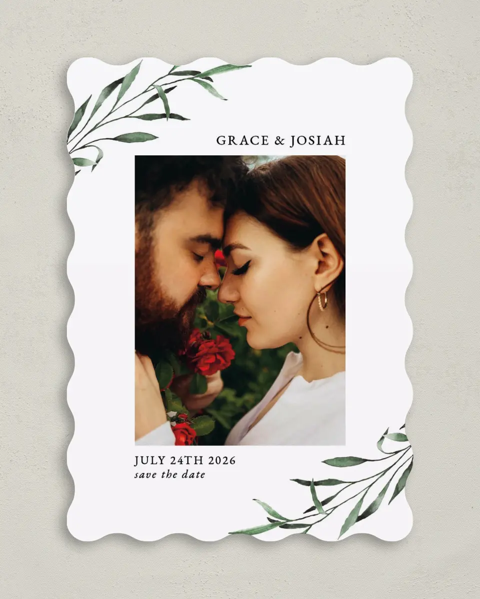 This is a 5" x 7" Save the Date Card called Tender Twig printed in full color on Premium Smooth paper