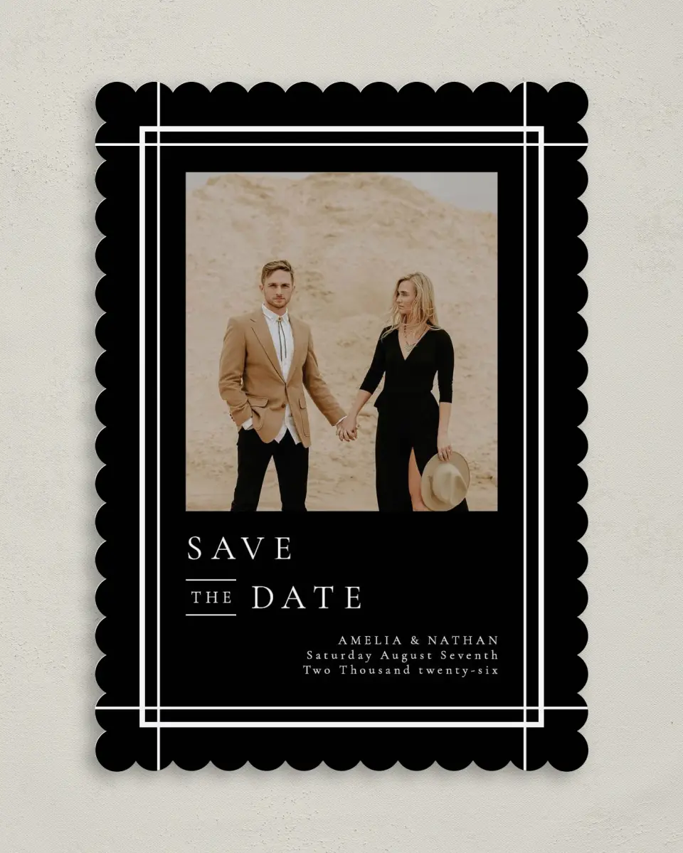 This is a 5" x 7" Save the Date Card called Modern Trim printed in full color on Premium Smooth paper