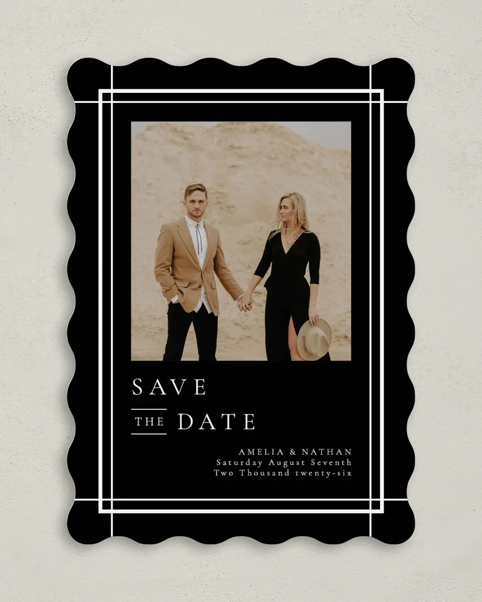 This is a 5" x 7" Save the Date Card called Modern Trim printed in full color on Premium Smooth paper
