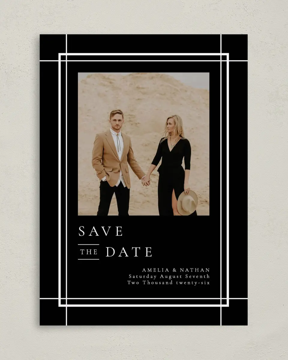 This is a 5" x 7" Save the Date Card called Modern Trim printed in full color on Premium Smooth paper