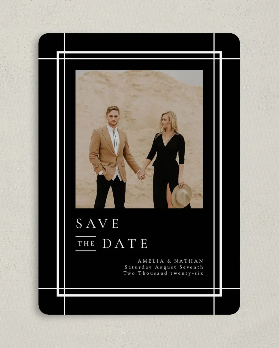 This is a 5" x 7" Save the Date Card called Modern Trim printed in full color on Premium Smooth paper