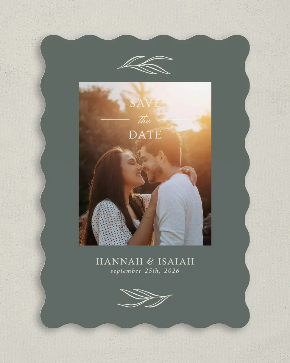 This is a 5" x 7" Save the Date Card called Whisper Twig printed in full color on Premium Smooth paper