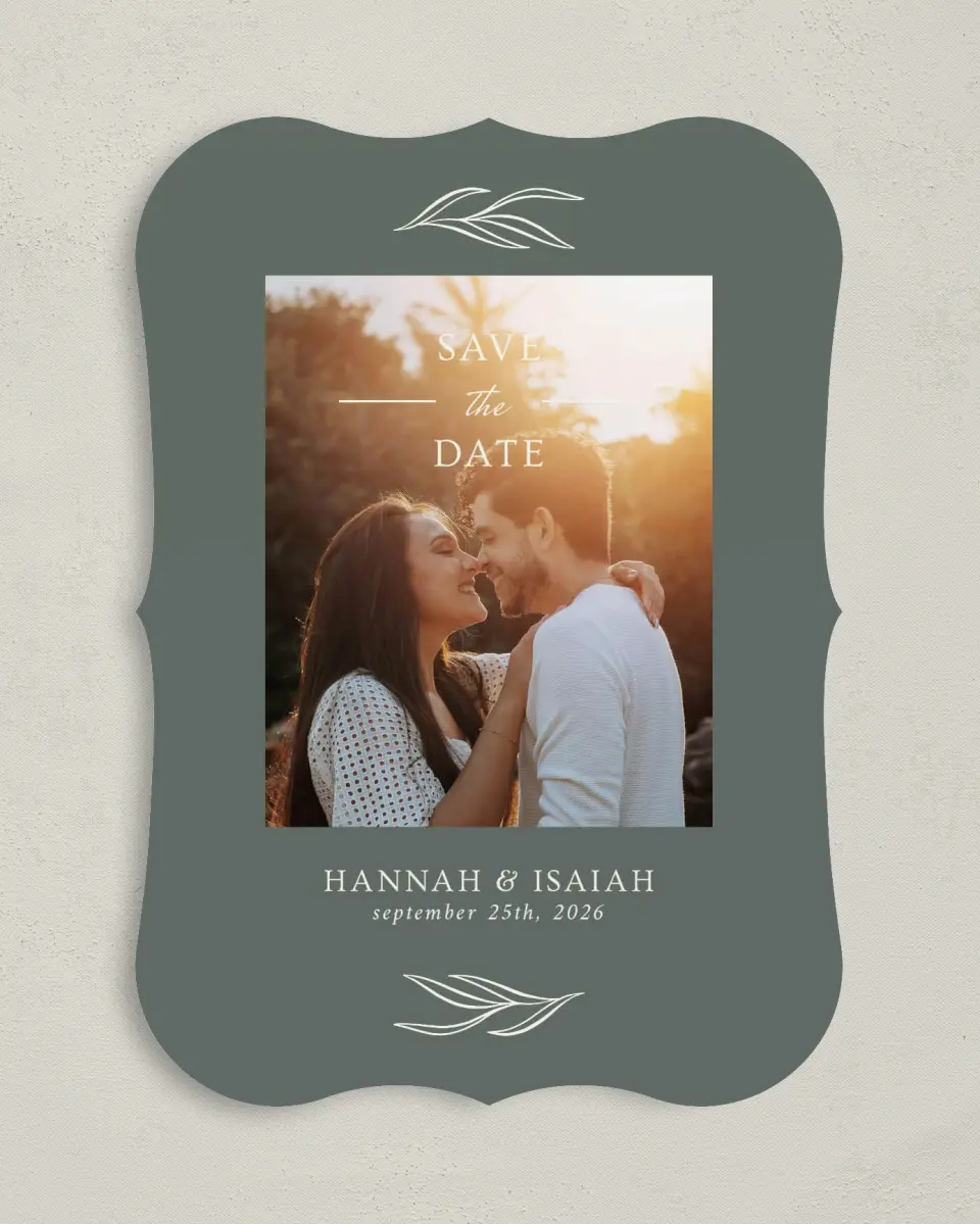 This is a 5" x 7" Save the Date Card called Whisper Twig printed in full color on Premium Smooth paper