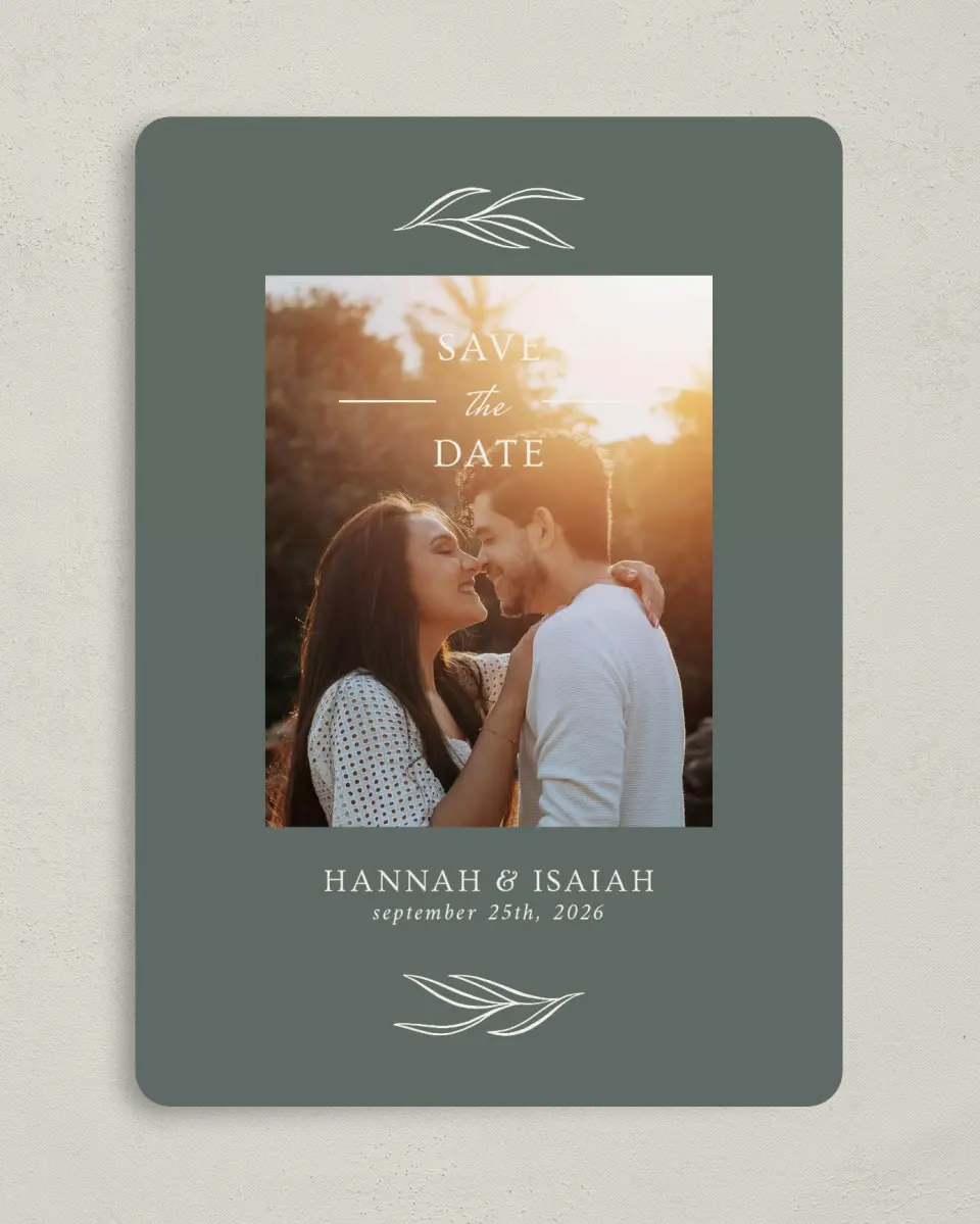 This is a 5" x 7" Save the Date Card called Whisper Twig printed in full color on Premium Smooth paper