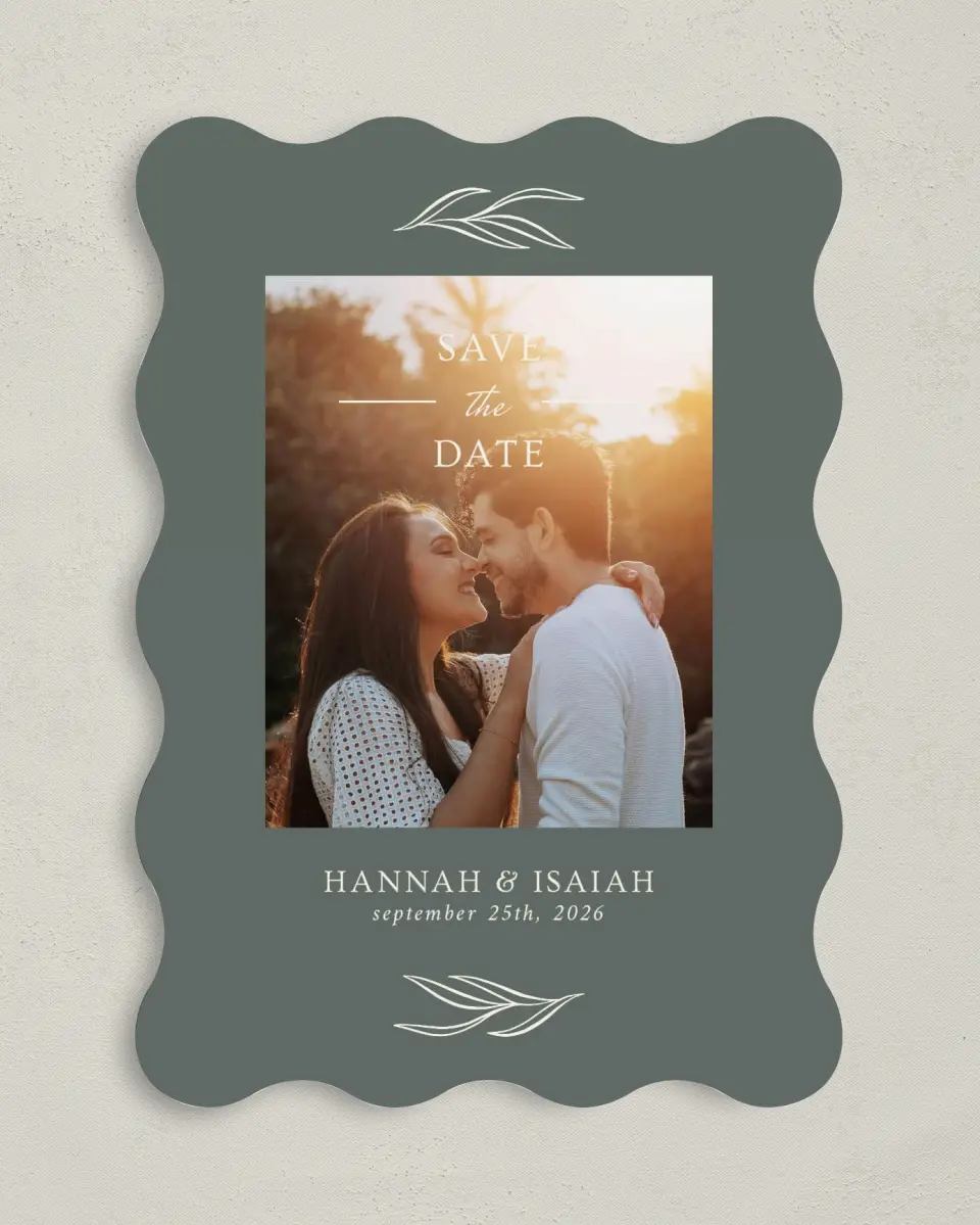 This is a 5" x 7" Save the Date Card called Whisper Twig printed in full color on Premium Smooth paper