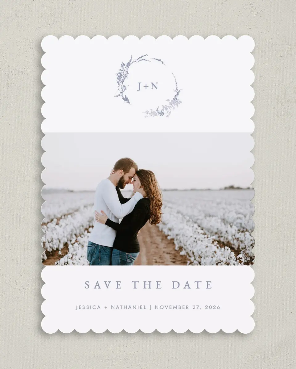 This is a 5" x 7" Save the Date Card called Dainty Wreath printed in full color on Premium Smooth paper