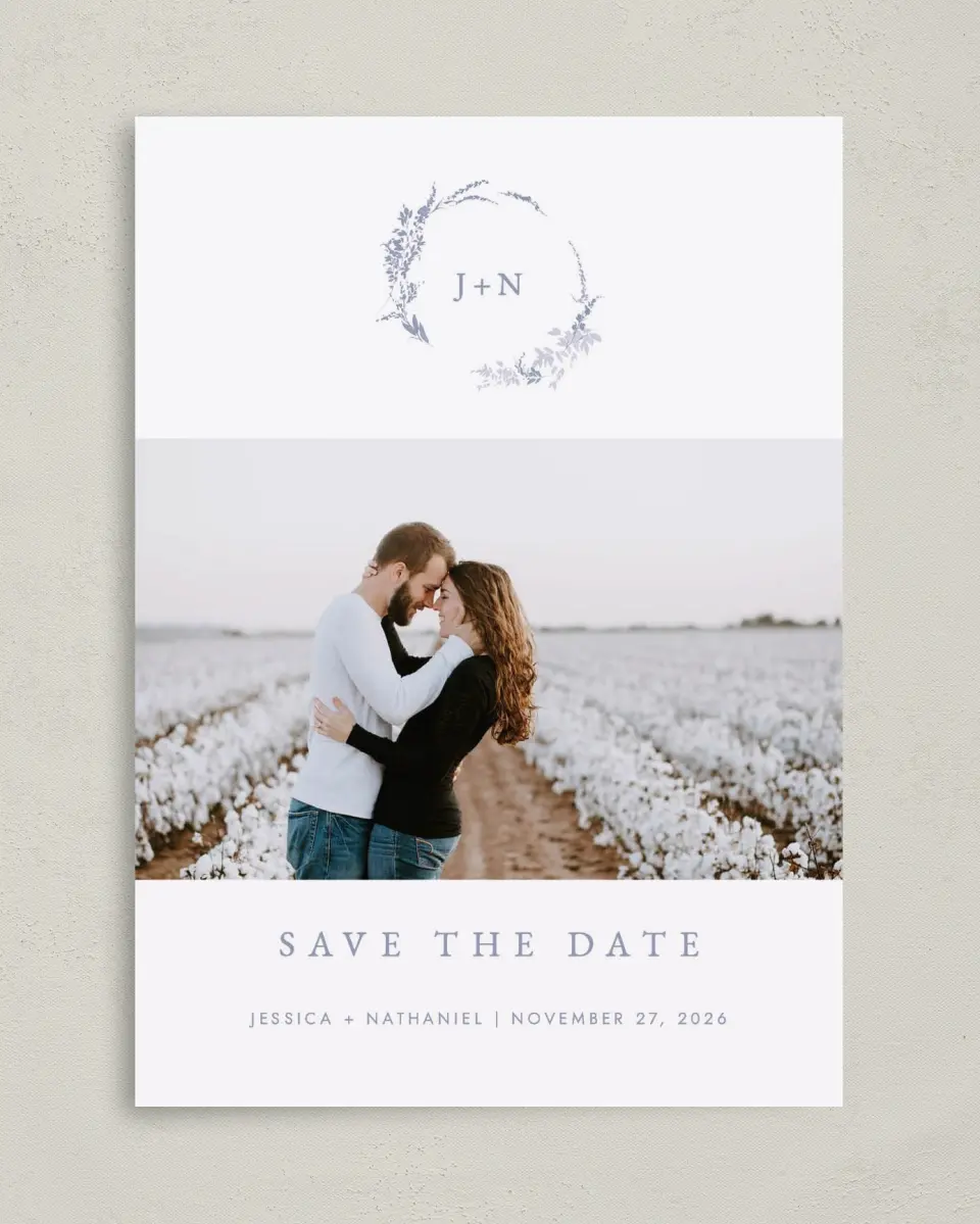 This is a 5" x 7" Save the Date Card called Dainty Wreath printed in full color on Premium Smooth paper