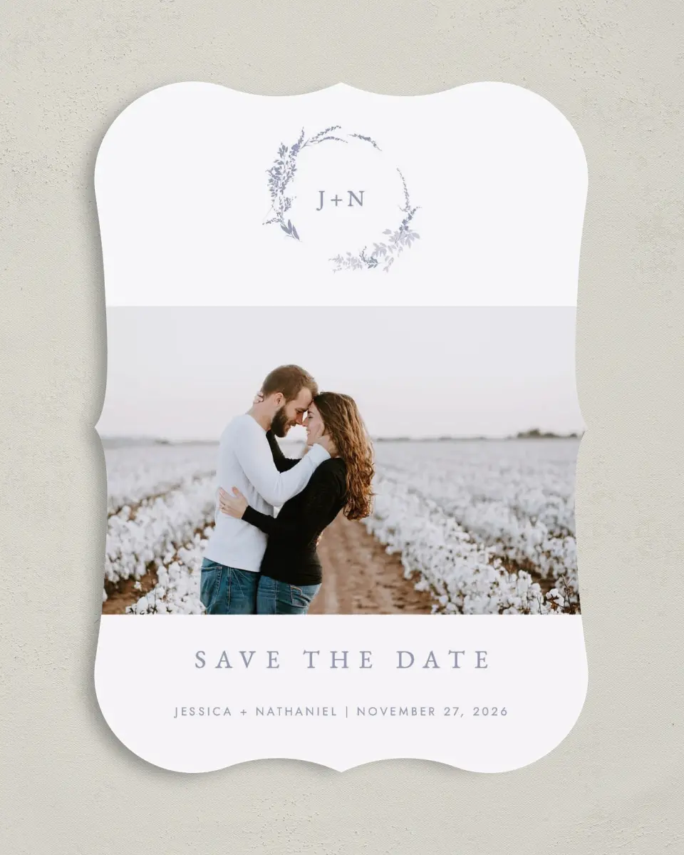 This is a 5" x 7" Save the Date Card called Dainty Wreath printed in full color on Premium Smooth paper