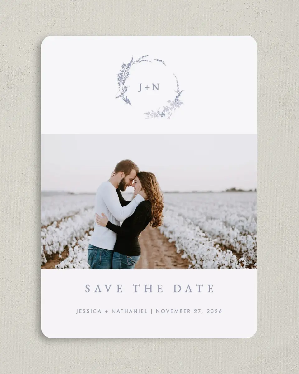 This is a 5" x 7" Save the Date Card called Dainty Wreath printed in full color on Premium Smooth paper