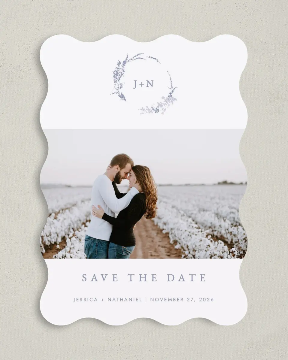 This is a 5" x 7" Save the Date Card called Dainty Wreath printed in full color on Premium Smooth paper