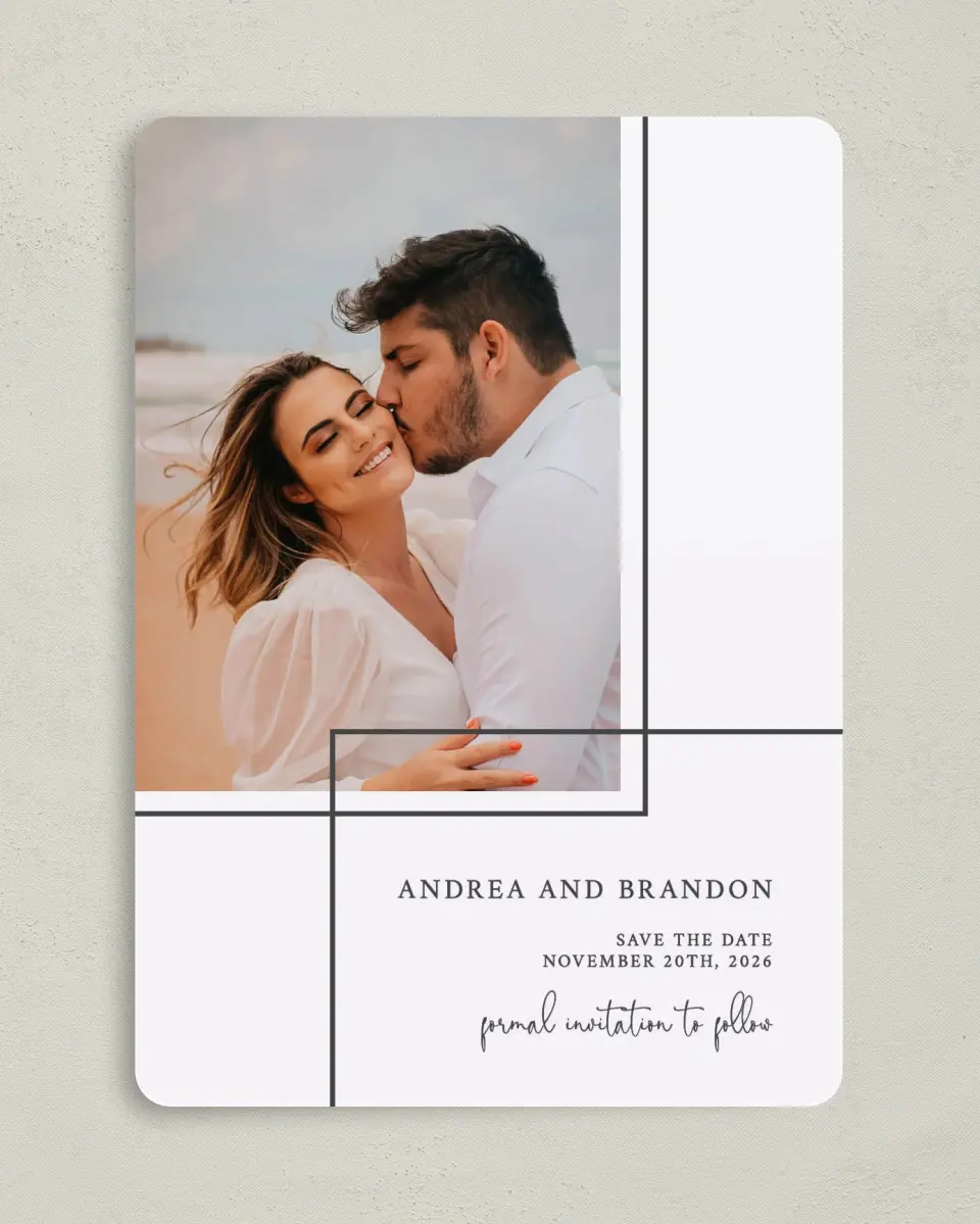 This is a 5" x 7" Save the Date Card called Joined Lines printed in full color on Premium Smooth paper