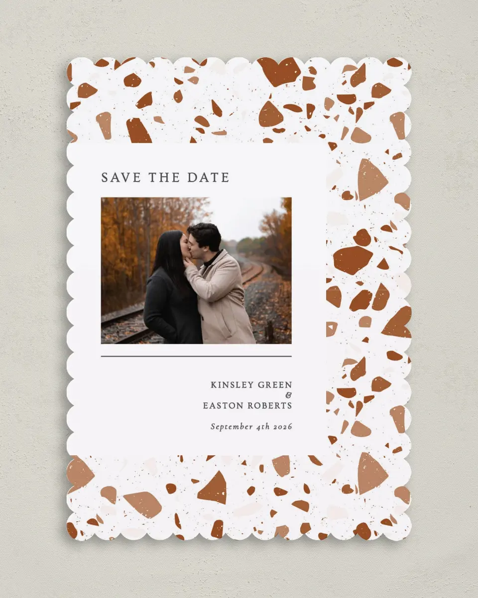This is a 5" x 7" Save the Date Card called Cornerstone of Love printed in full color on Premium Smooth paper