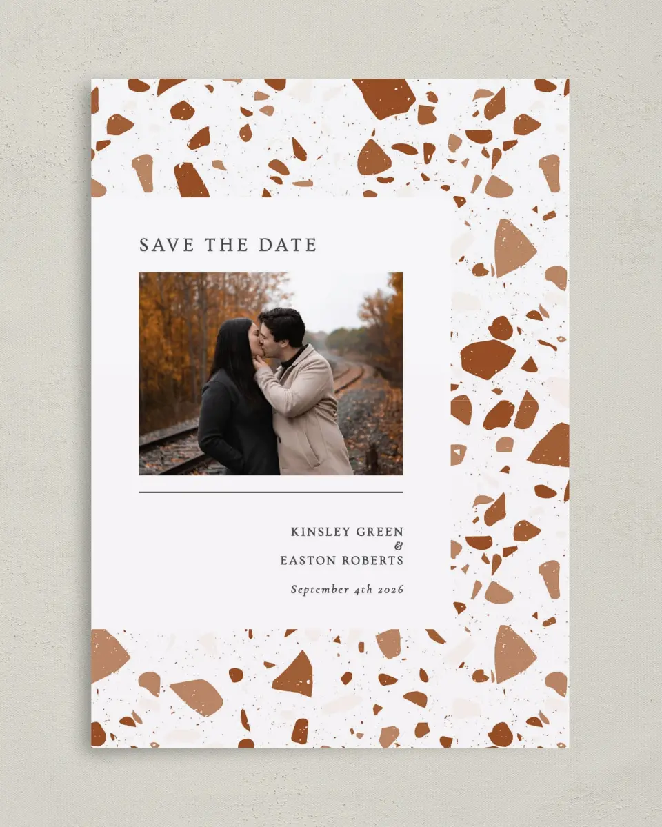 This is a 5" x 7" Save the Date Card called Cornerstone of Love printed in full color on Premium Smooth paper
