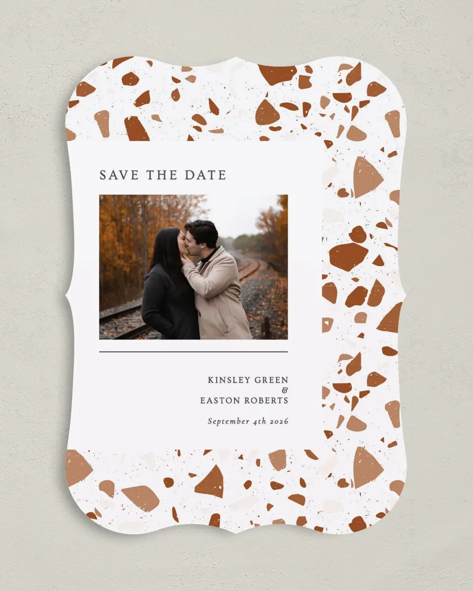 This is a 5" x 7" Save the Date Card called Cornerstone of Love printed in full color on Premium Smooth paper
