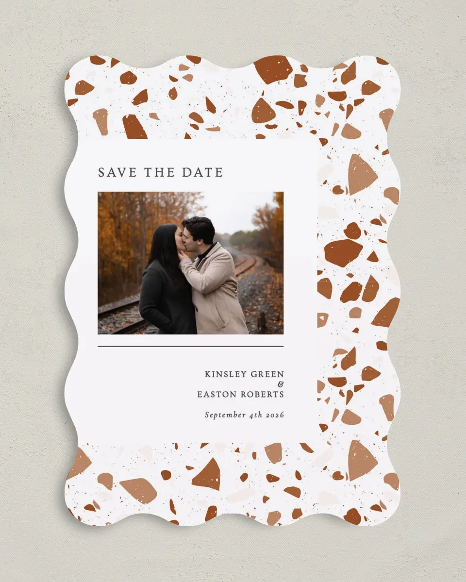 This is a 5" x 7" Save the Date Card called Cornerstone of Love printed in full color on Premium Smooth paper