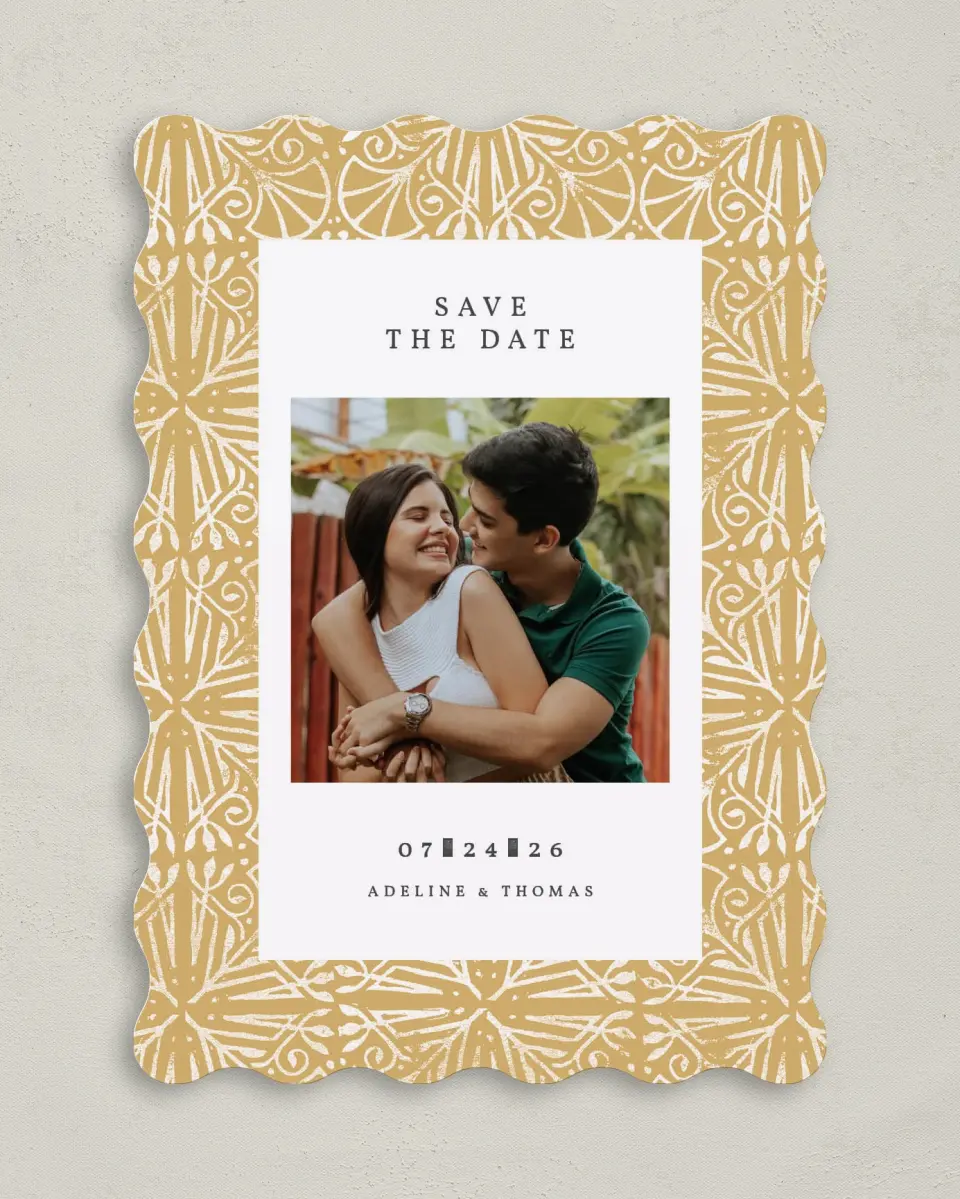 This is a 5" x 7" Save the Date Card called Decorated Luxury printed in full color on Premium Smooth paper