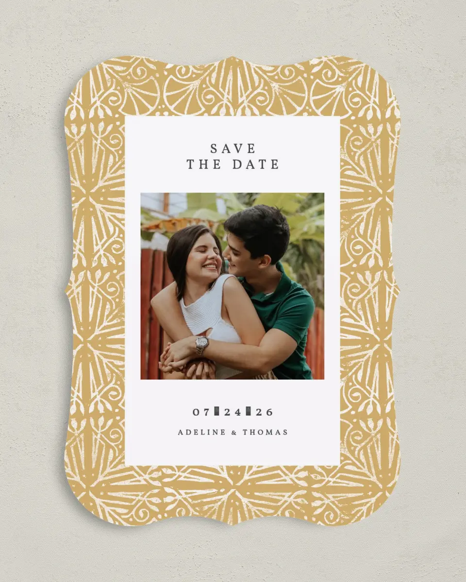 This is a 5" x 7" Save the Date Card called Decorated Luxury printed in full color on Premium Smooth paper