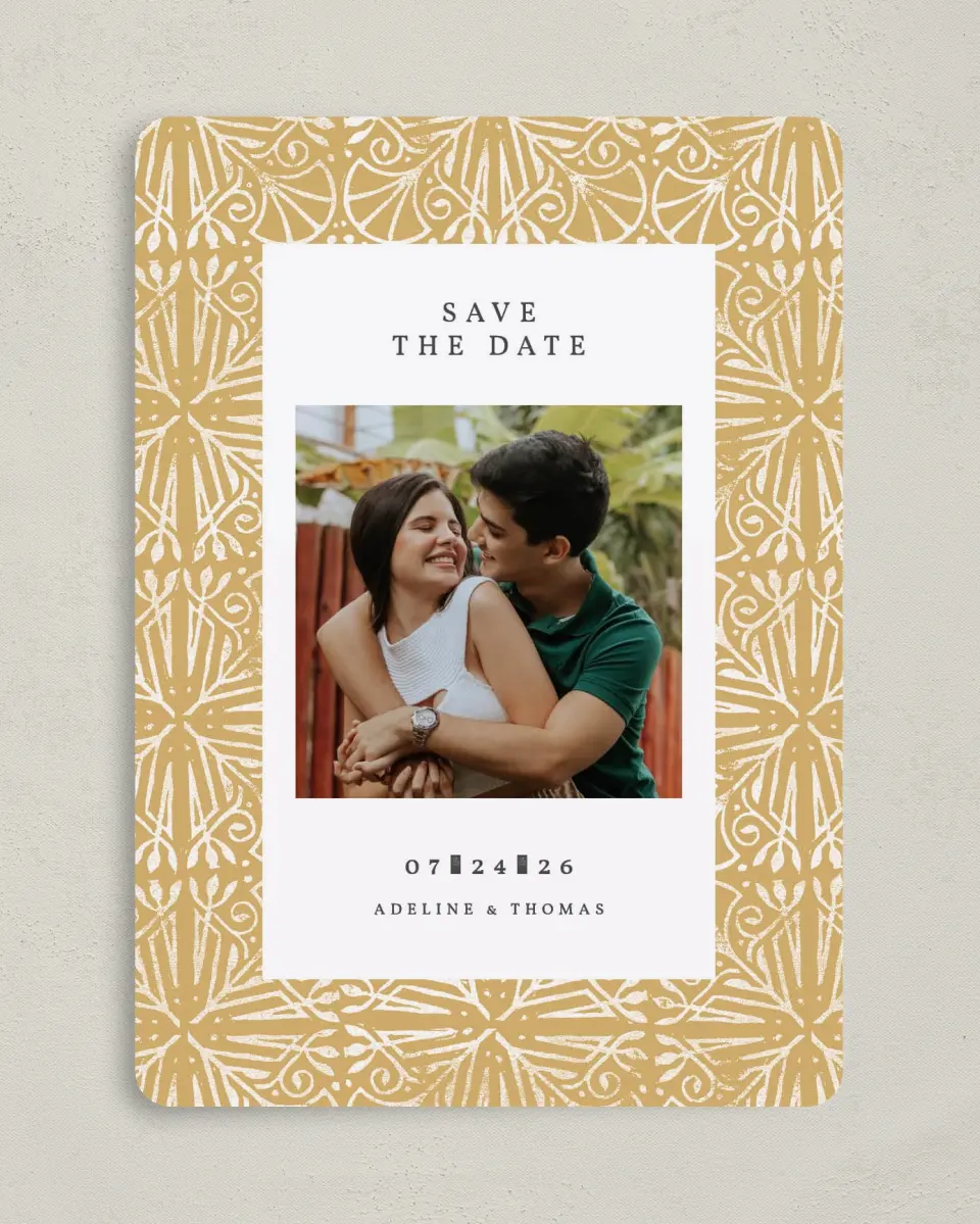 This is a 5" x 7" Save the Date Card called Decorated Luxury printed in full color on Premium Smooth paper
