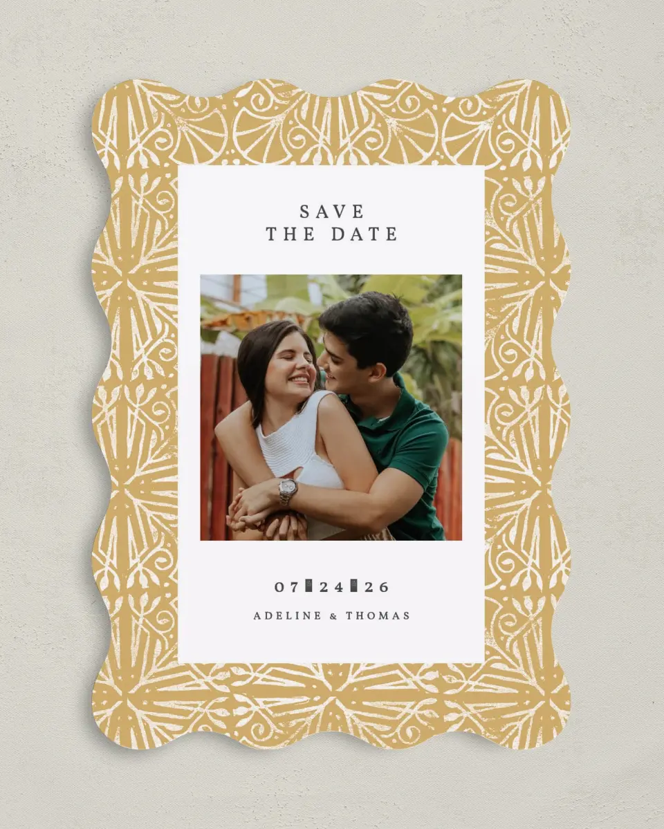 This is a 5" x 7" Save the Date Card called Decorated Luxury printed in full color on Premium Smooth paper