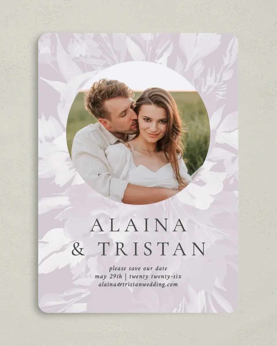 This is a 5" x 7" Save the Date Card called Floral Burst printed in full color on Premium Smooth paper