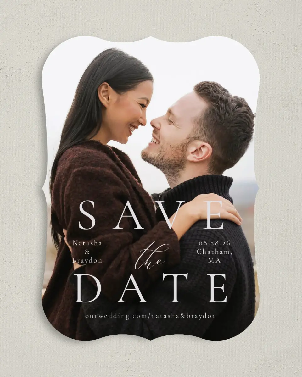 This is a 5" x 7" Save the Date Card called Timeless Order printed in full color on Premium Smooth paper